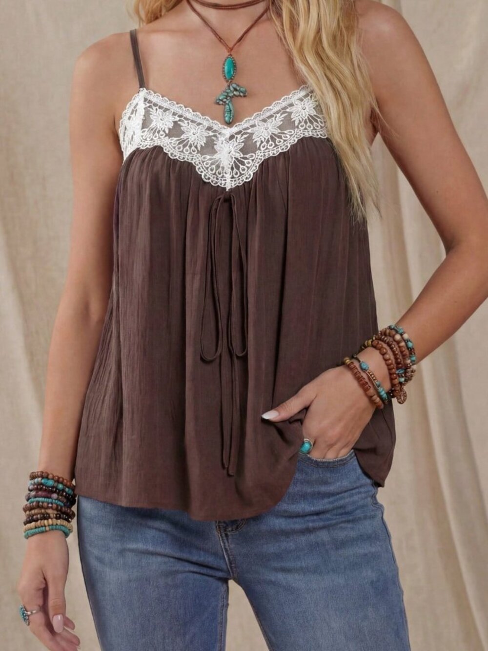 Multicolor Casual Boho Women's Lace Color Block Sleeveless Tank Top - Picture 4 of 9